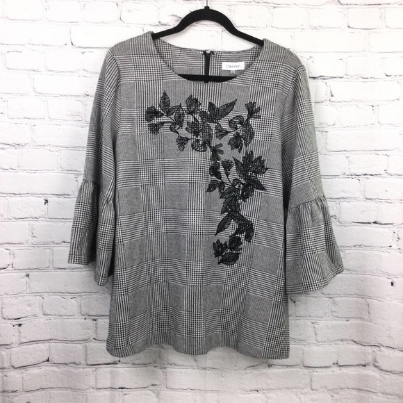 Calvin Klein Tweed 3/4 Bell Sleeve Embroidered Floral Round Neck Zippered Top L - Picture 12 of 12